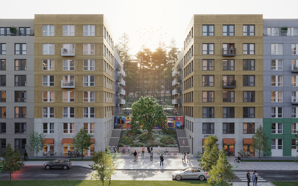 Flerbostadshus med 8 våningar längs med Hanstavägen. Fasader i ljusgrått och beige. Levande gatumiljö med bilar, människor på bred trottoar och en yta mellan husen med träd och trappor. Illustration
